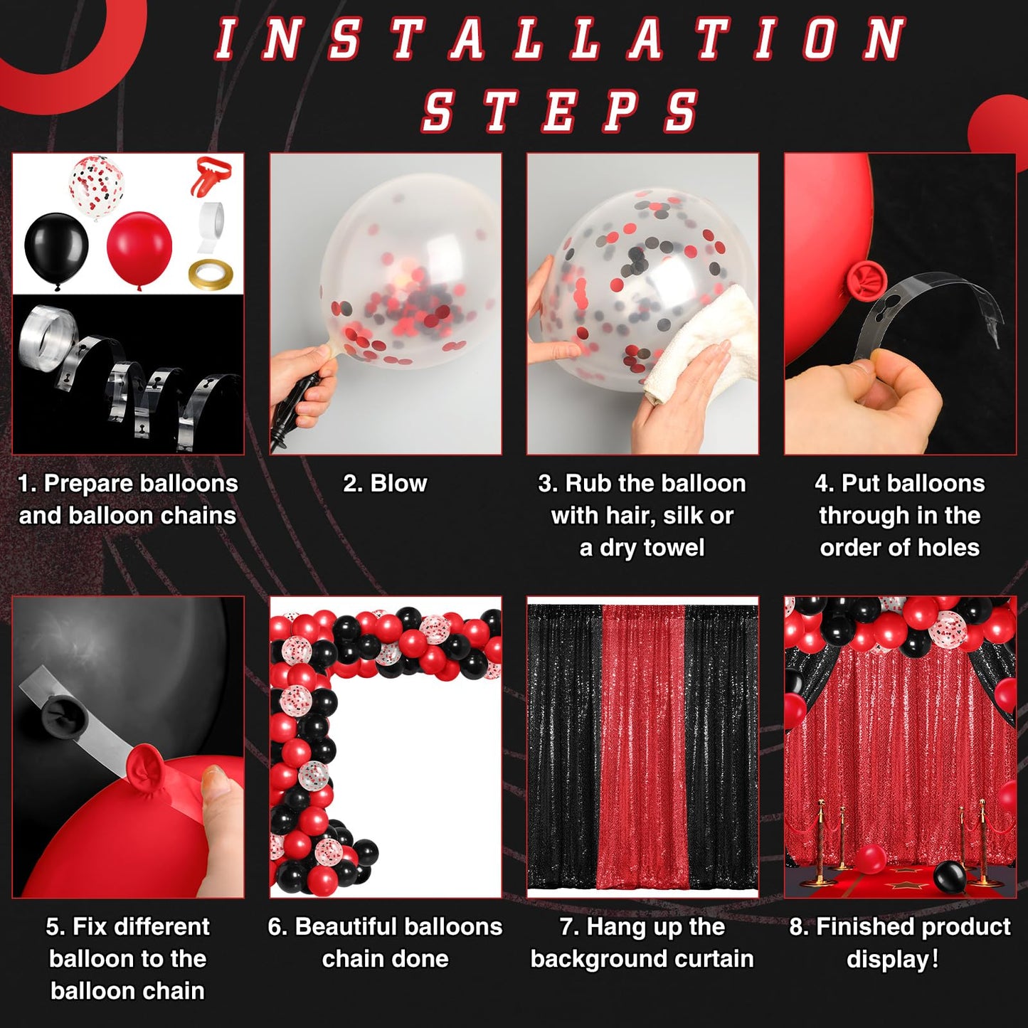 SmoothNovelty 137 Pcs Red Black Backdrop Kits 4 Sequin Backdrop Curtain 133 Balloon Garland Kit Photo Prop Background for Anniversary Birthday Halloween Christmas Movie Night Car Party Decoration