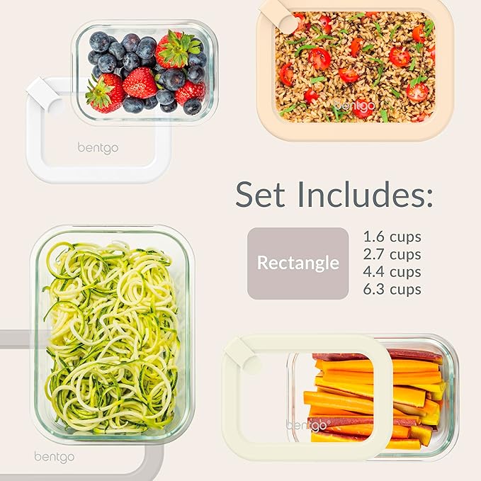 Bentgo Signature Leak-Proof Glass Food Storage - 8-Piece Set, 1-Compartment Plastic-Free Containers with Airtight Glass Lids, BPA-Free, Microwave, Freezer, Oven & Dishwasher Safe (White Stone)