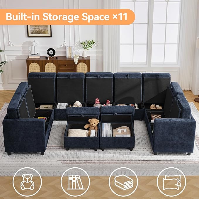 127'' Oversized U Shaped Modular Sofa, Sectional Couches with Storage for Living Room, Modern 9 Seater Cloud Sectional Couch with Movable Ottoman, Chenille Navy