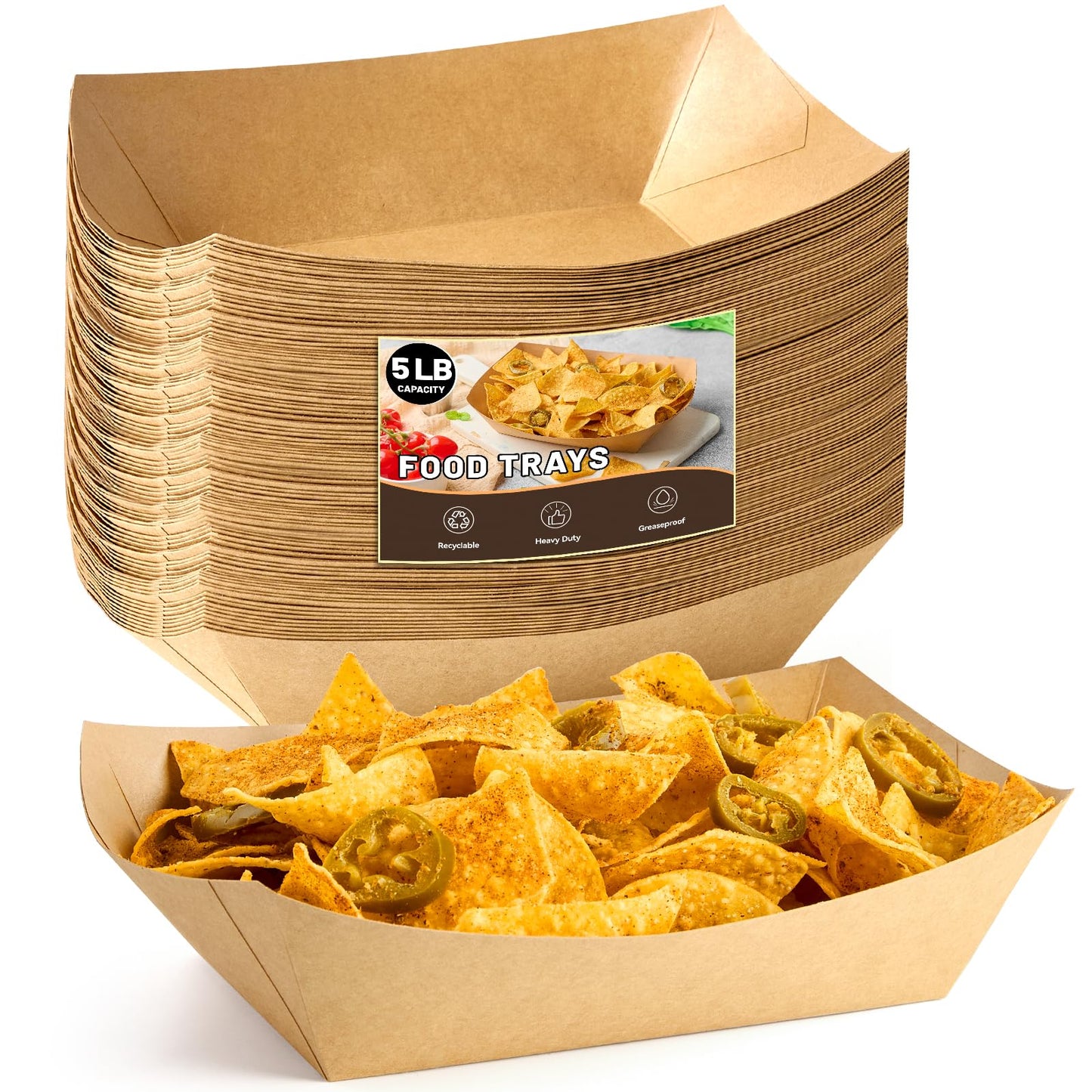 ZORRITA 5 LB Extra Large Paper Food Trays, 50 Pack Disposable Nacho Trays Kraft Paper Food Boats Party Serving Baskets for Sandwiches Burgers Popcorns Snacks