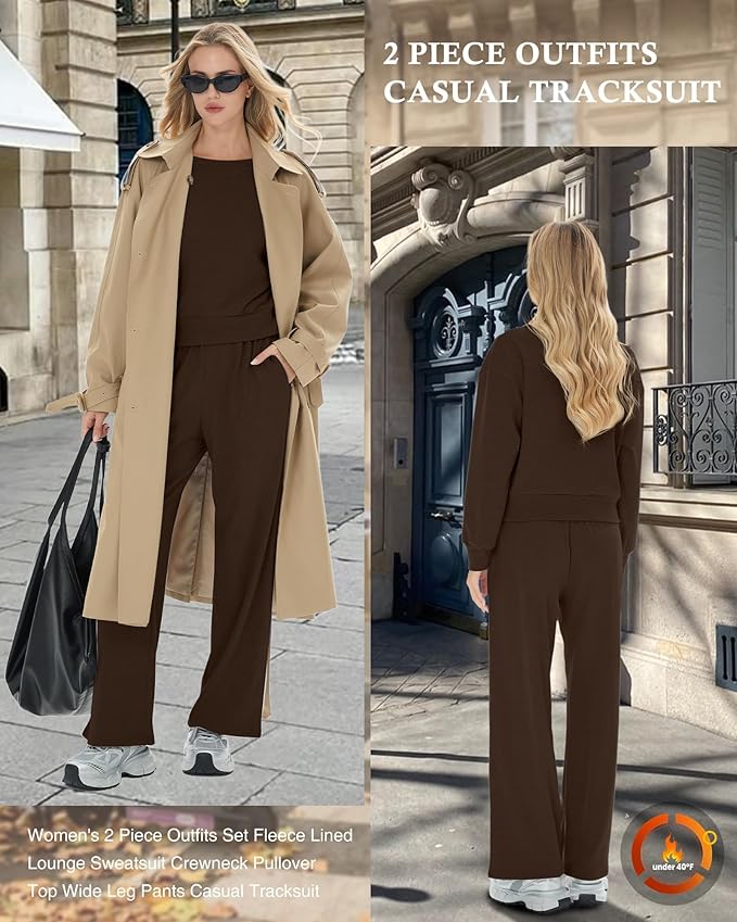 Sweetyweee Women's 2 Piece Outfits Set Fleece Lined Lounge Sweatsuit Crewneck Pullover Top Wide Leg Pants Casual Tracksuit