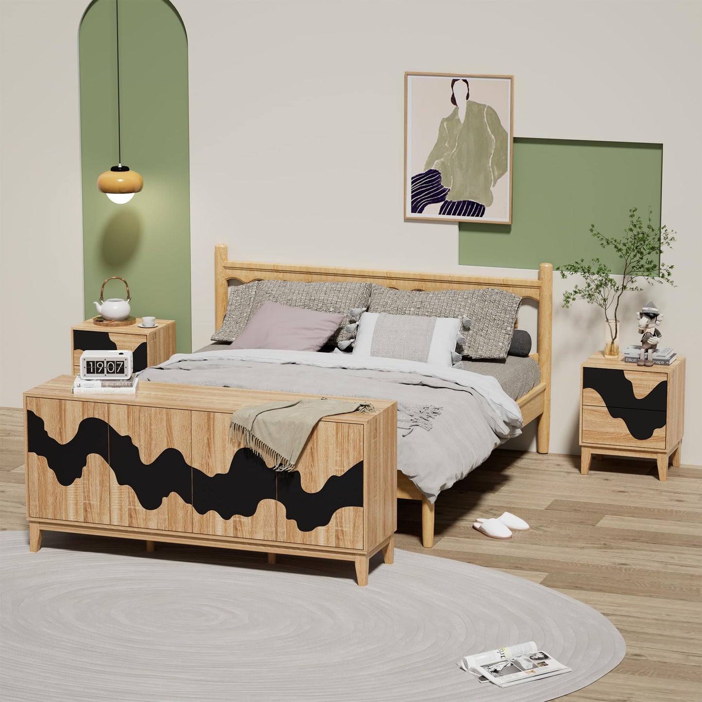 UEV 9-Drawer Dresser & 2 Nightstands Set - 3 Piece Modern Bedroom Furniture Set, 63" Wide Wooden Chest of Drawers with Flowing Water Pattern,2-Drawer Night Stands for Bedroom (Natural/Black