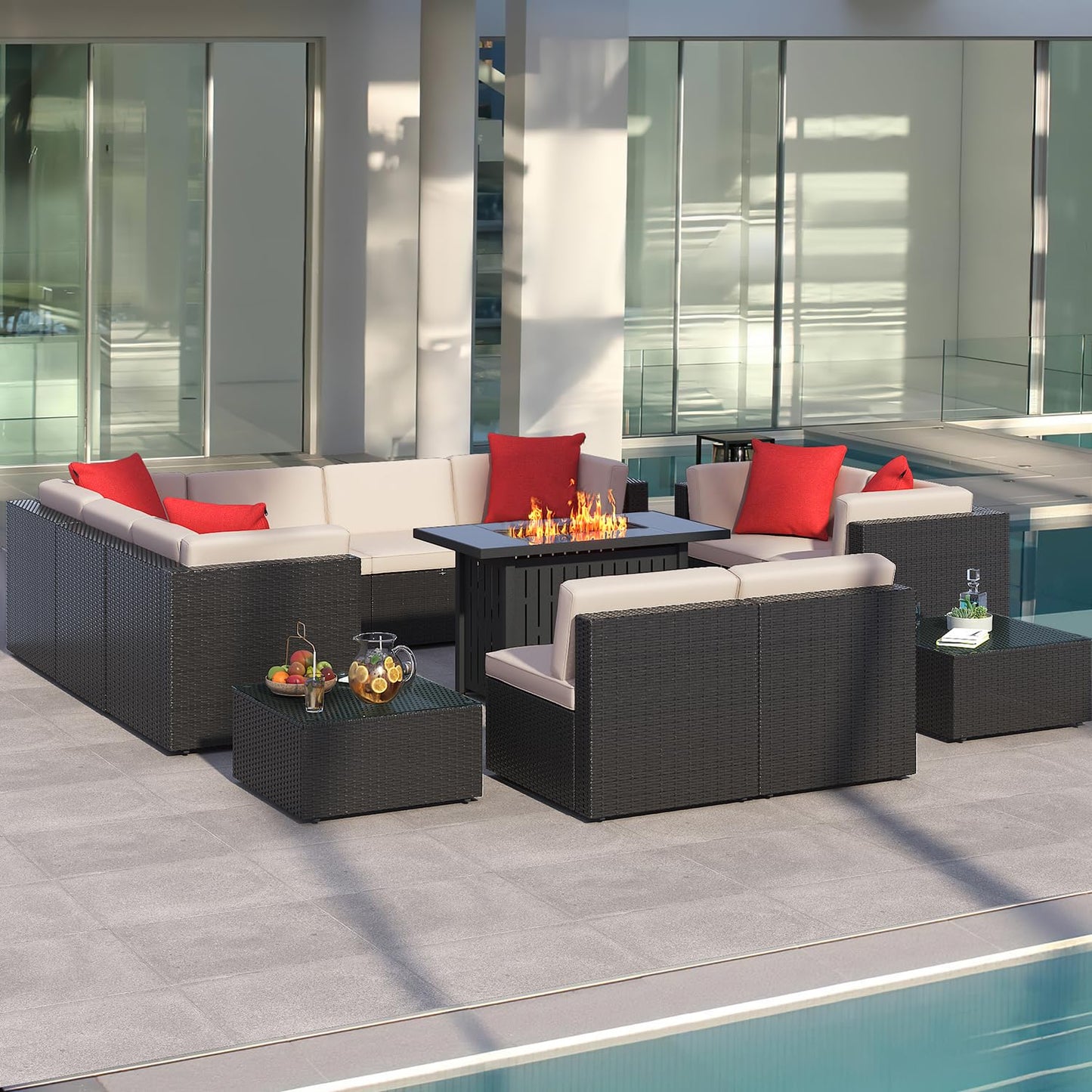 Greesum Patio Furniture 13-Pieces Outdoor PE Rattan Sectional Sofa w/43in Gas Fire Pit Table Sets 55000 BTU Add Warmth to Gatherings Parties On Deck Garden Backyard,Beige