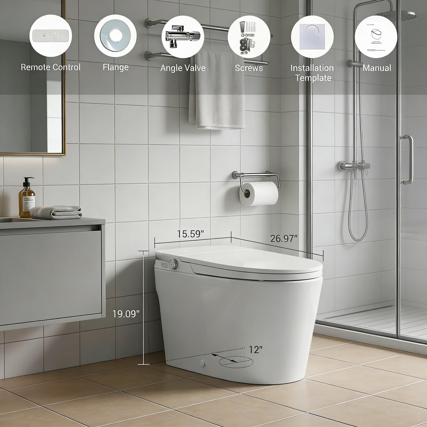 Smart Toilet with Bidet, One Piece Toilet with Tank and Pump for Low Water Pressure, Auto Open Close Lid, Foot Flush, Instant Warm Water, Heated Elongated Seat, Air Drying, LED Night Light, Remote
