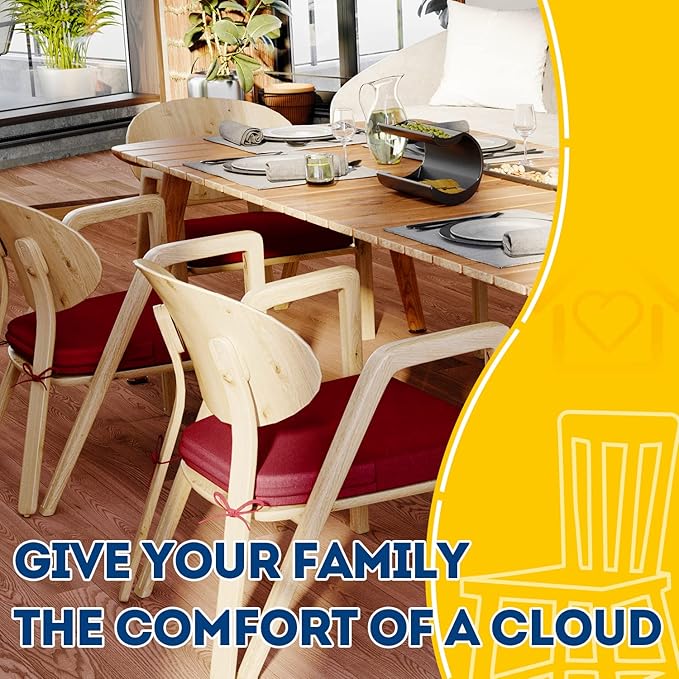 AAAAAcessories D-Shaped Chair Cushions, 2" Thick Dining Chair Pads with Ties and Removable, Machine-Washable Cover, 17" x 16", Set of 4, Wine Red