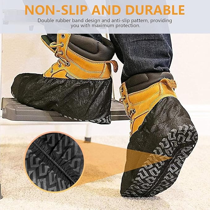 Shoe Covers Disposable 200 Pack (100 Pairs) - Durable, Non-Slip, Water Resistant, and Recyclable Boot Covers for Indoor and Outdoor Use - One Size Fits Most-Black (Black 200 Pcs (Xl))