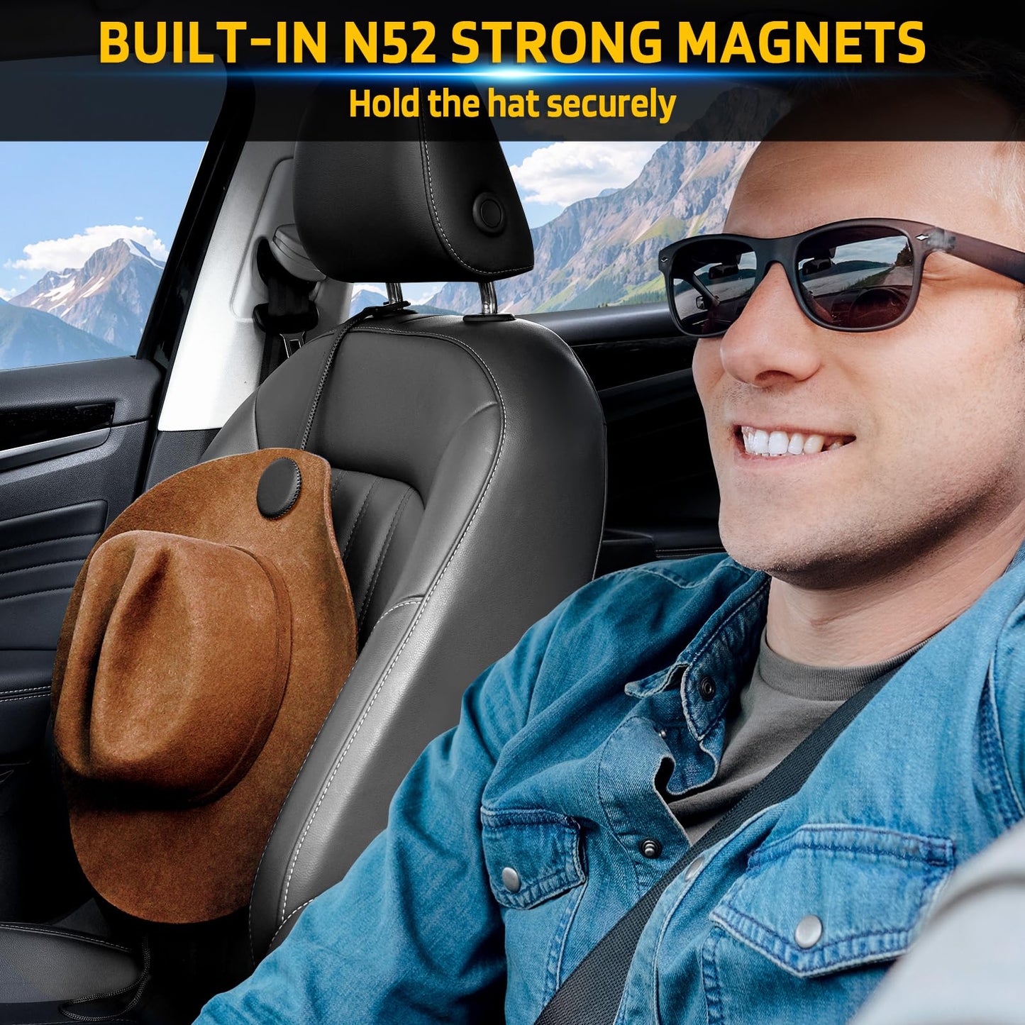 Cowboy Hat Holder for Truck, Magnetic Hat Clip Leather Hat Rack for Car, Headrest Hat Hanger Vehicle Hat Organizer Accessories - Keep Hat Shape, Black, 1 Pack