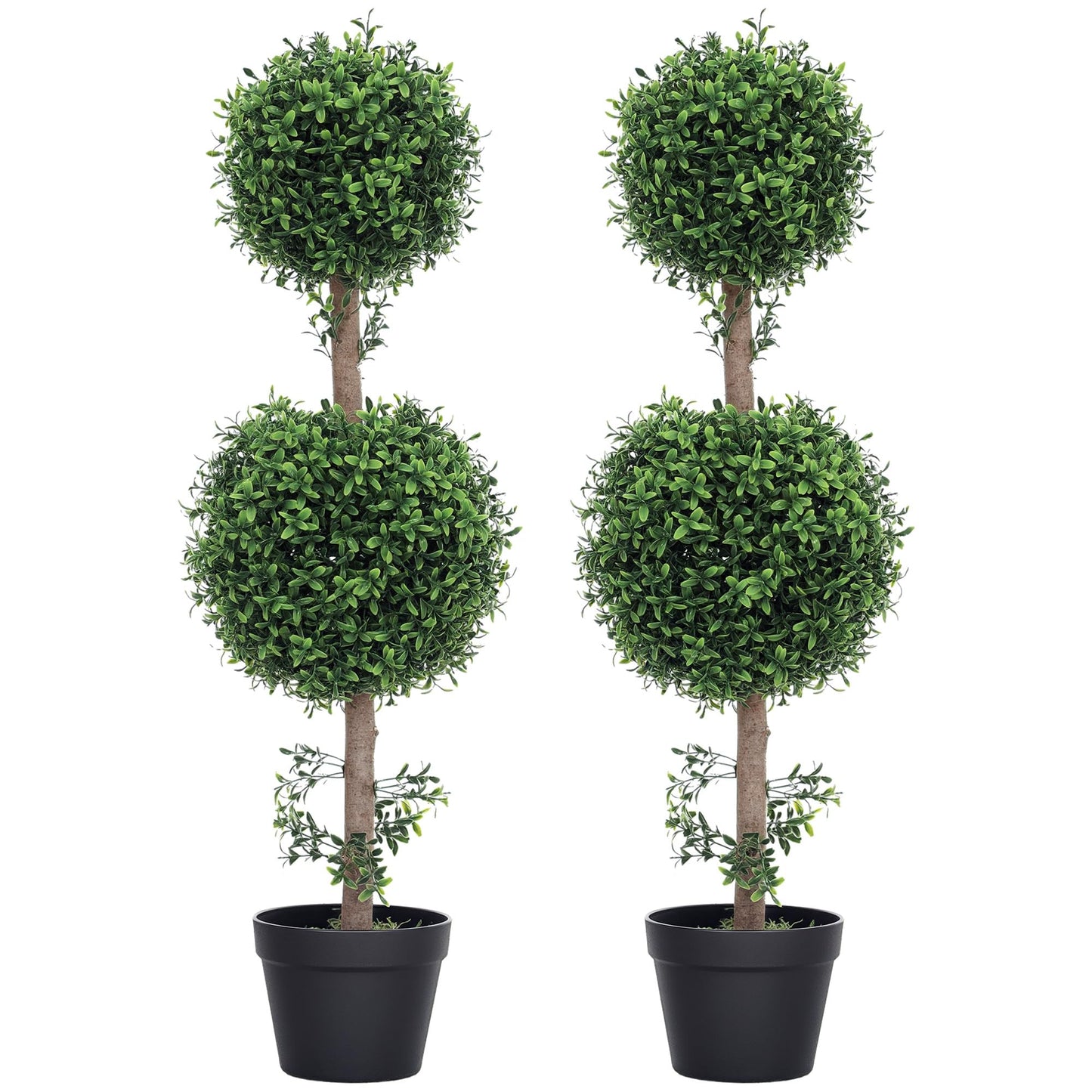 HOMCOM Artificial Plants Topiary Ball-Shaped Boxwood Trees in Pot Set of 2 Fake Plants for Home Indoor Outdoor Front Porch Decor, 36 Inch, Green