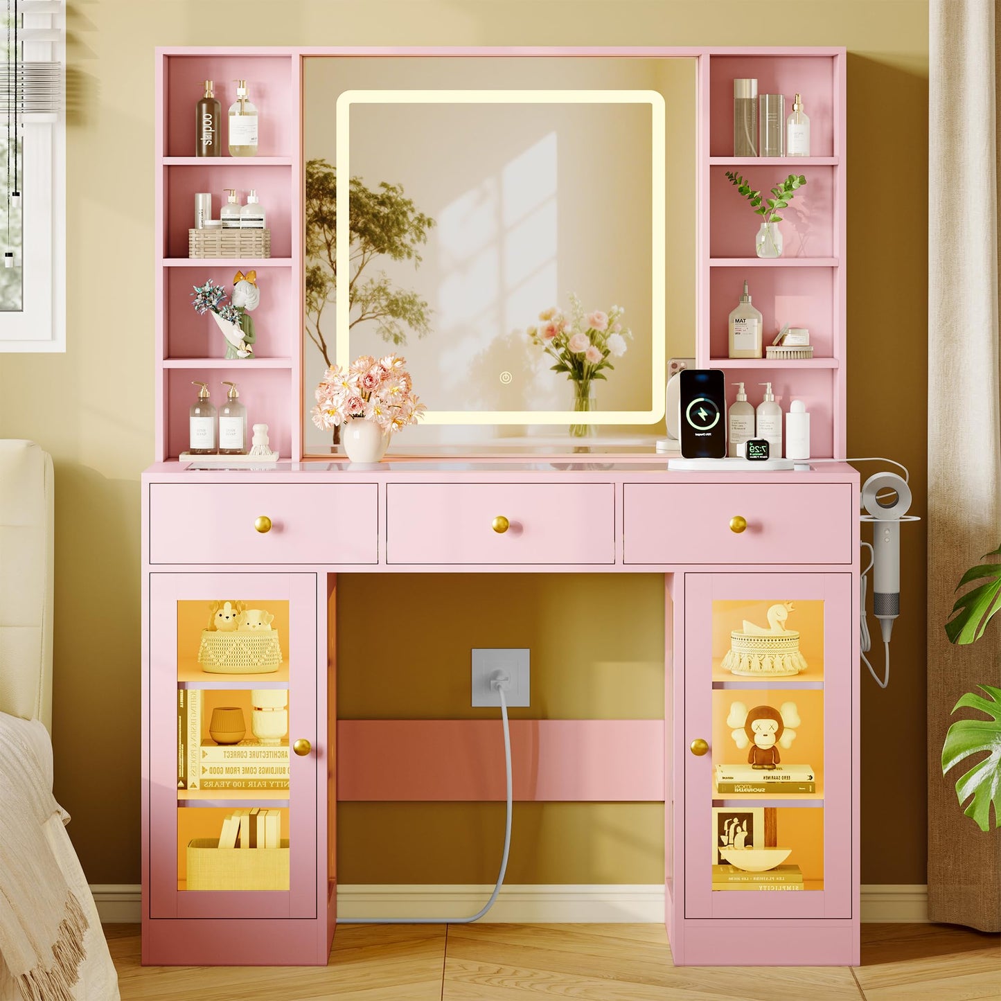 Makeup Vanity Desk with HD Lighted Mirror & Power Outlet, Glass Top Vanity Table Set with Storage Drawers & RGB Cabinets, Large Dressing Table with 3 Lighting Modes for Bedroom Women Girls Kids, Pink