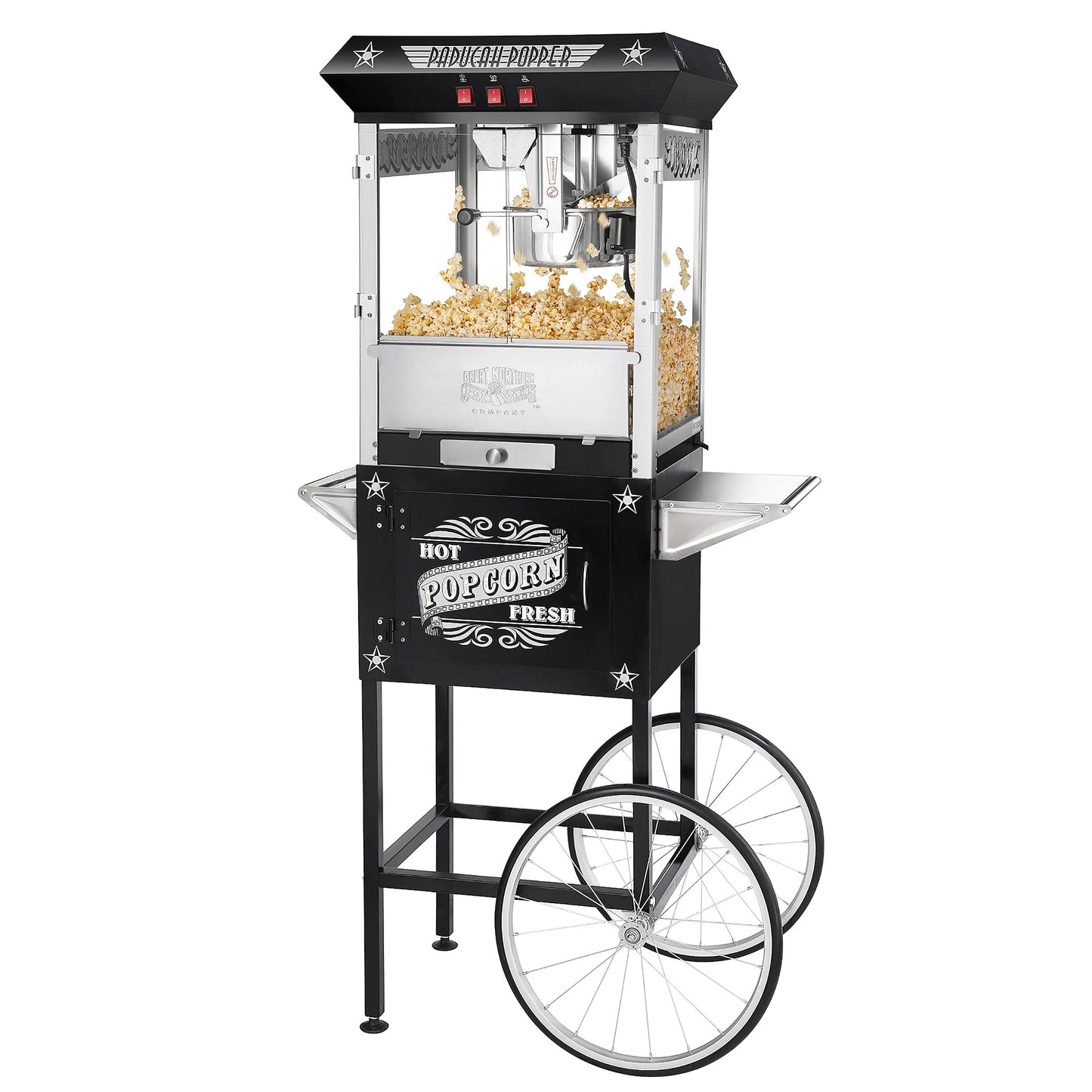 Paducah Popcorn Machine - 3-Gallon Antique Popper with Cart, 8oz Kettle, Old Maids Drawer, Warming Tray, and Scoop by Great Northern Popcorn (Black)