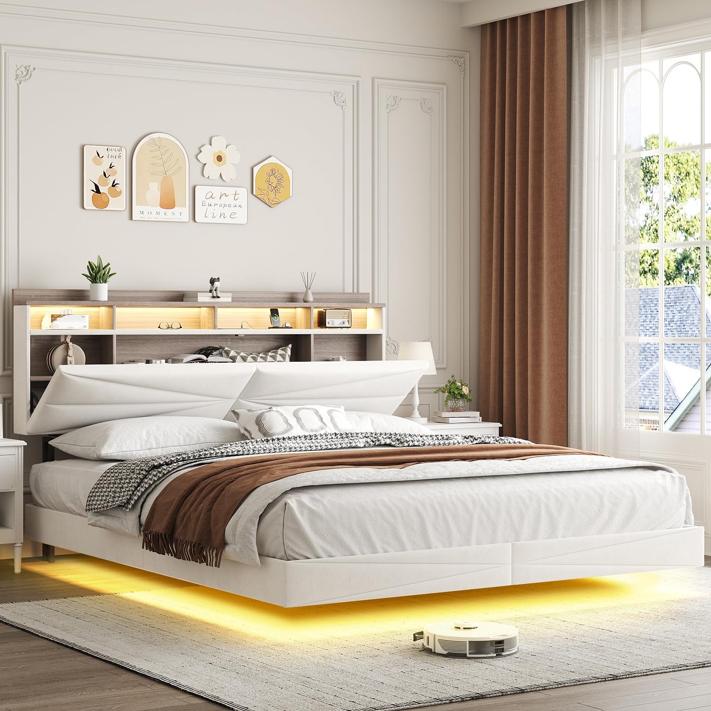 Queen Size Floating Bed Frame with Hidden Storage Headboard, Modern Metal Queen Bed with Charging Station, Upholstered Platform Bed with Shelf and LED Lights, Noise-Free, No Box Spring Needed, White