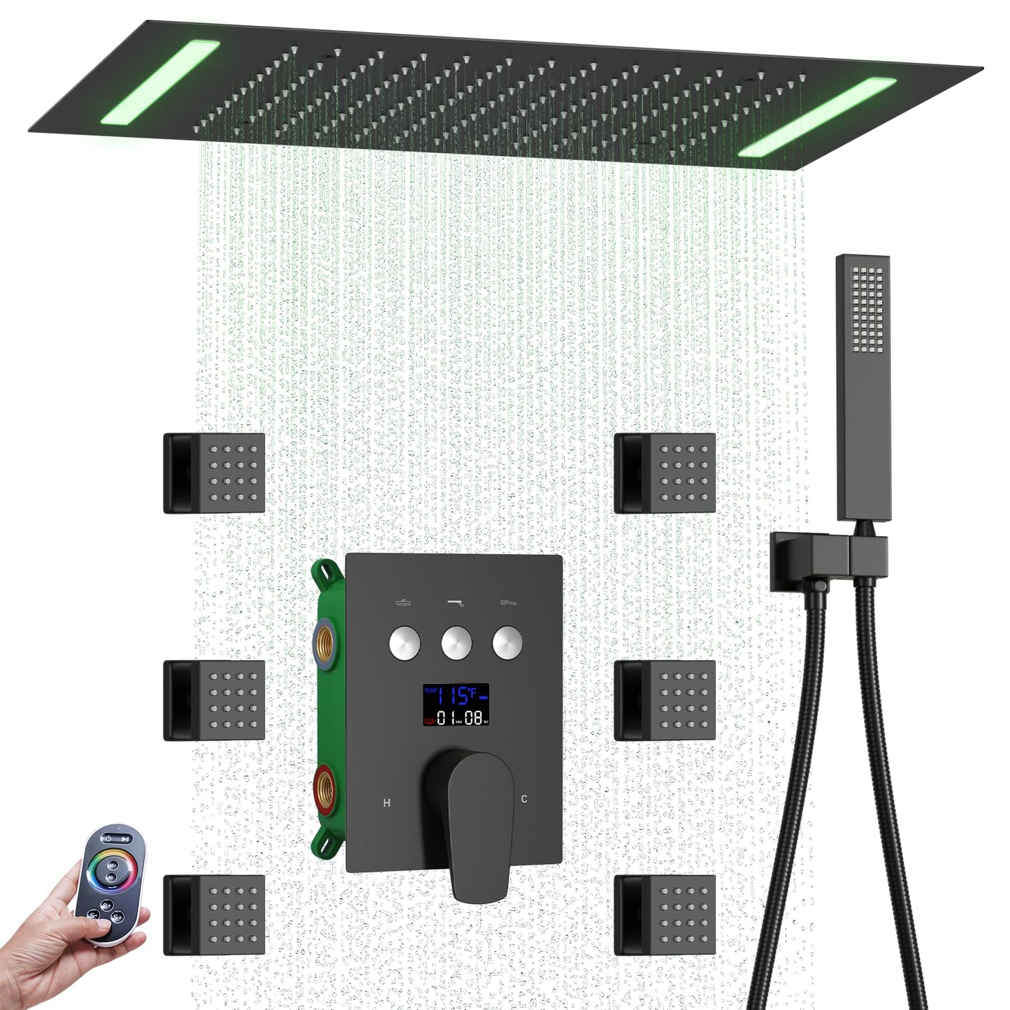 HONGTONGSOWER Bathroom Shower System Ceiling 14x20 Inch Shower Head, Spray With Handle, 6 PCS Body Jet And Handheld, Temperature Display Shower Faucet Set (Matte Black)