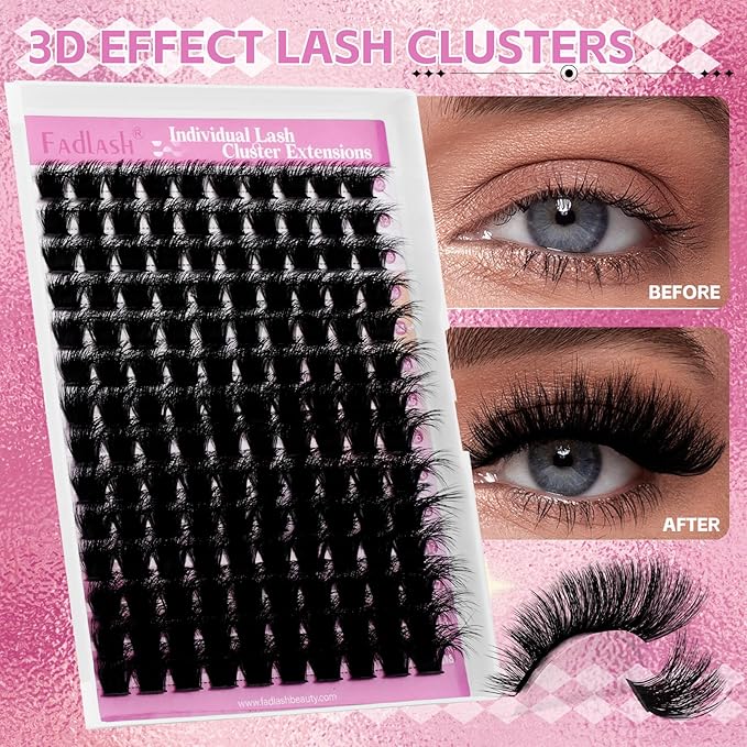 FADLASH Lash Clusters 200D Thick Eyelash Clusters D Curl Volume Cluster Eyelash Extensions 12-18mm Individual Lashes 3D Effect DIY Lash Extension Clusters (200D-0.07-D,12-18mm)