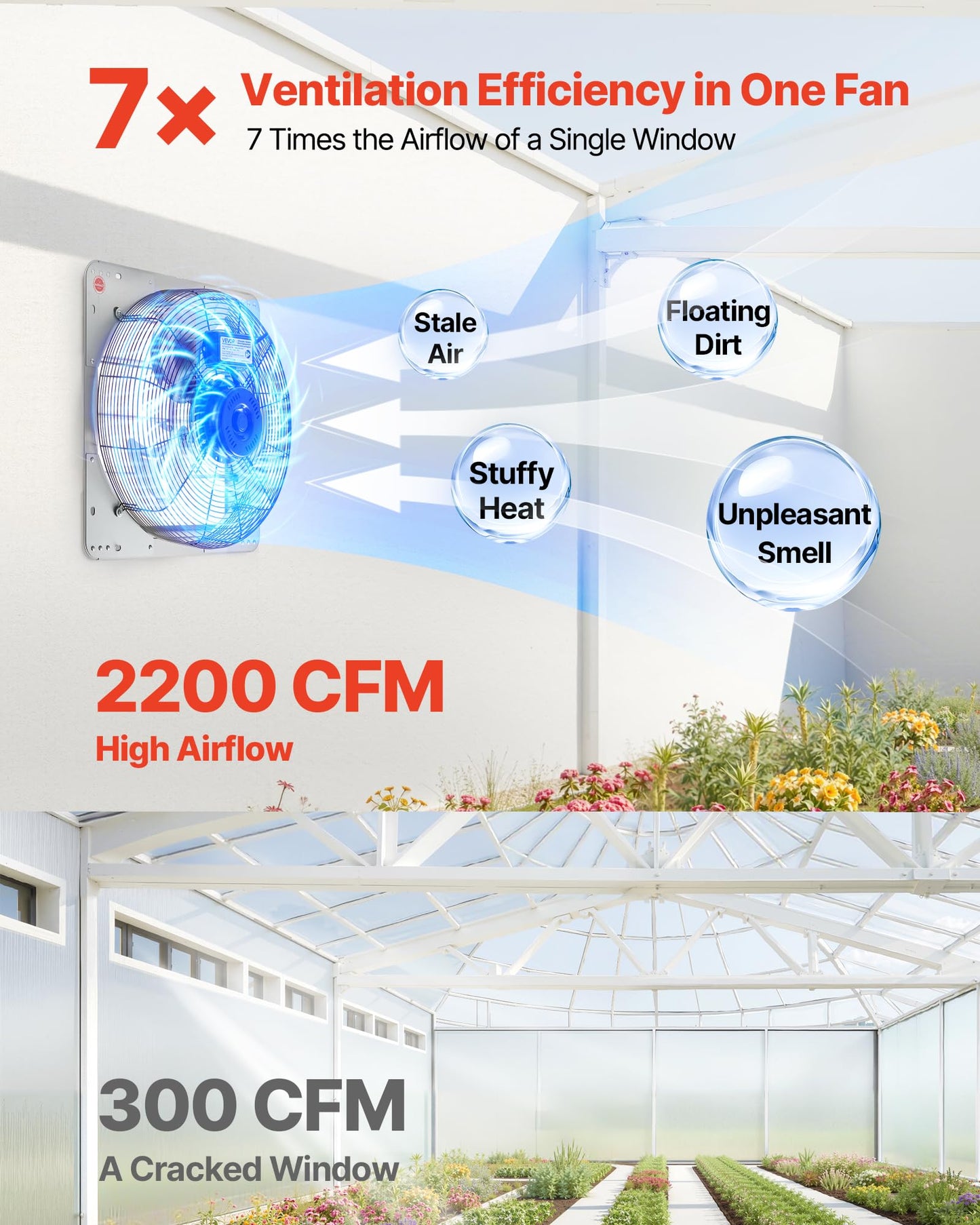 Vevor 18 Inch Shutter Exhaust Fan, Wall Mounted Attic Vent Fan With 2200 Cfm Airflow, Ac Motor, Heavy-Duty Steel Construction, L