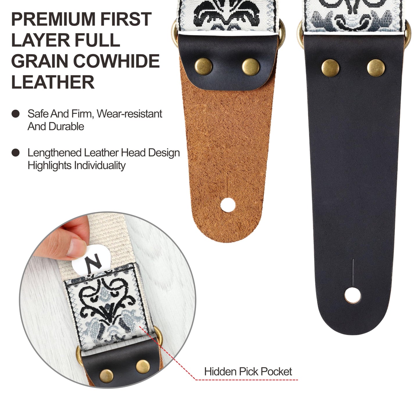 Nefelibata Guitar Strap, Embroidered Cotton Guitar Straps With Head Cowhide Leather Ends For Bass, Electric & Acoustic Guitar, W