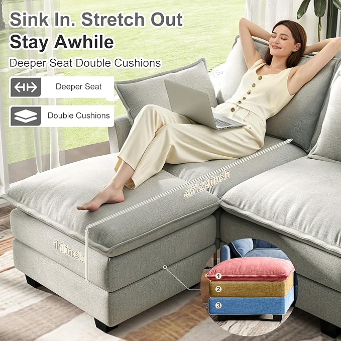 107" Cloud Couch Sectional, U Shaped Modular Sectional Sofa, 4-Seat Deep Seat Couch with 6 Removable Washable Pillows and 2 Ottoman for Living Room, Bedroom, Apartment, Light Grey