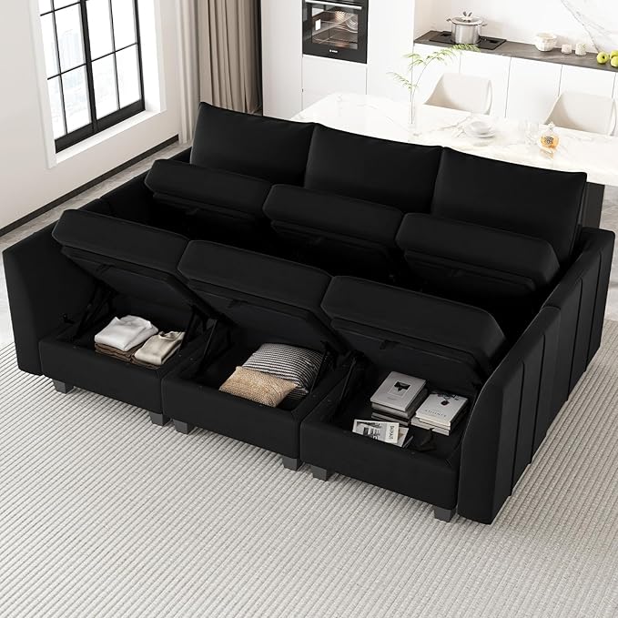 Belffin Modular Sectional Sofa Sleeper Couch with Storage Velvet Sectional Sofa Bed, 6 Seats, Black
