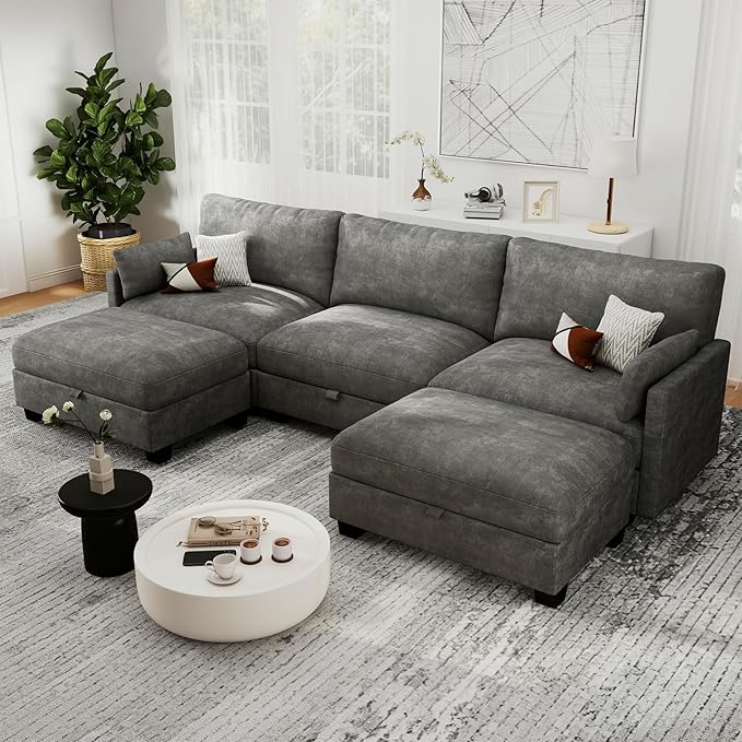 OhaiAura Modular Sectional U Shaped Sofa Couches for Living Room, Cloud Couch with Storage Ottoman, Comfy Chenille Sofa with Pillow, Dark Gray