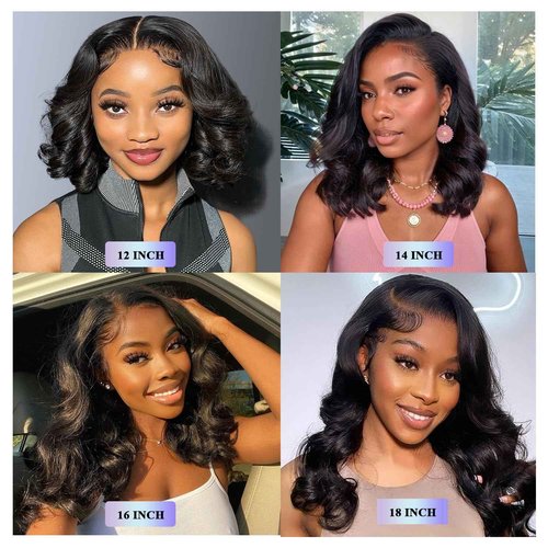 13X6 14inch 230%Density Natural Black Bob Wig Human Hair, Body Wave Wig Human Hair, Short Bob Lace Front Wigs Human Hair, Bob Wigs For Black Women, Pre Plucked With Baby Hair HD Transparent Lace