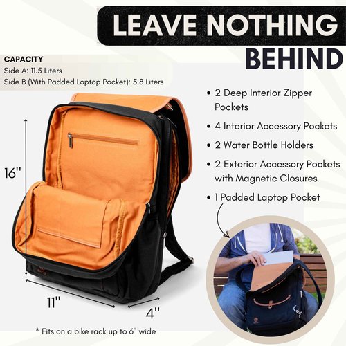 Double Bike Pannier Backpack Laptop Bag 17.3L – Convertible Panniers for Bicycles, Water-Resistant Canvas Commuter, Rear Bike Rack Bags for Laptops, Gift for Bicycle Lovers (Black)