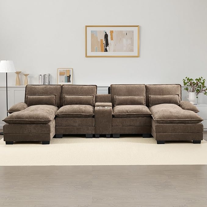 125" U Shaped Cloud Modular Sectional Couch for Living Room, Small Comfy Chenille Sofa with Double Chaise Lounge, Storage Central Console, Cup Holders, USB Port,Brown