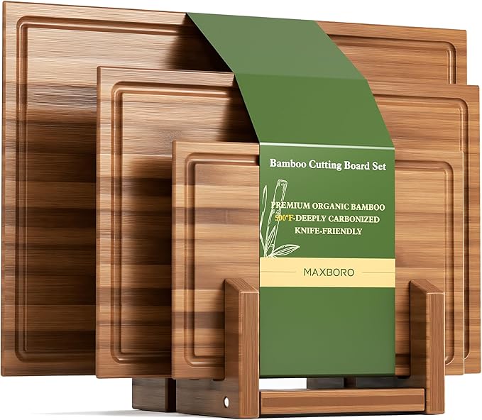 Bamboo Cutting Board Set with Stand, 3PCS Double-Sided Chopping Boards for Kitchen Meal Prep & Serving, Charcuterie, Juice...