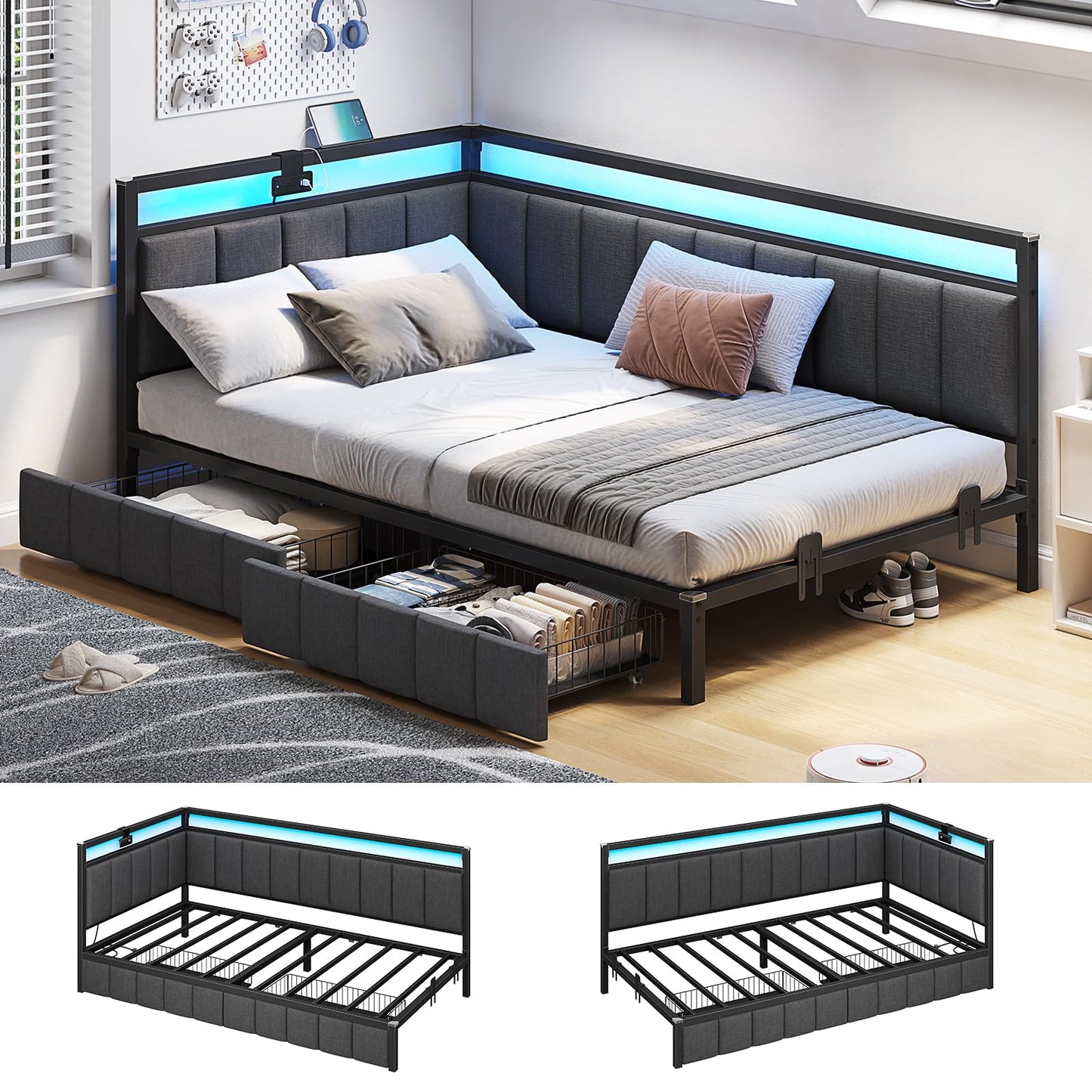 Hasuit Corner Bed Frame with Storage Drawers, Twin Daybed with Line Fabric Upholstered Fence, Kids Bed Unit with LED Light and Charging Station, Modern Bed Frame Twin Size, Gray