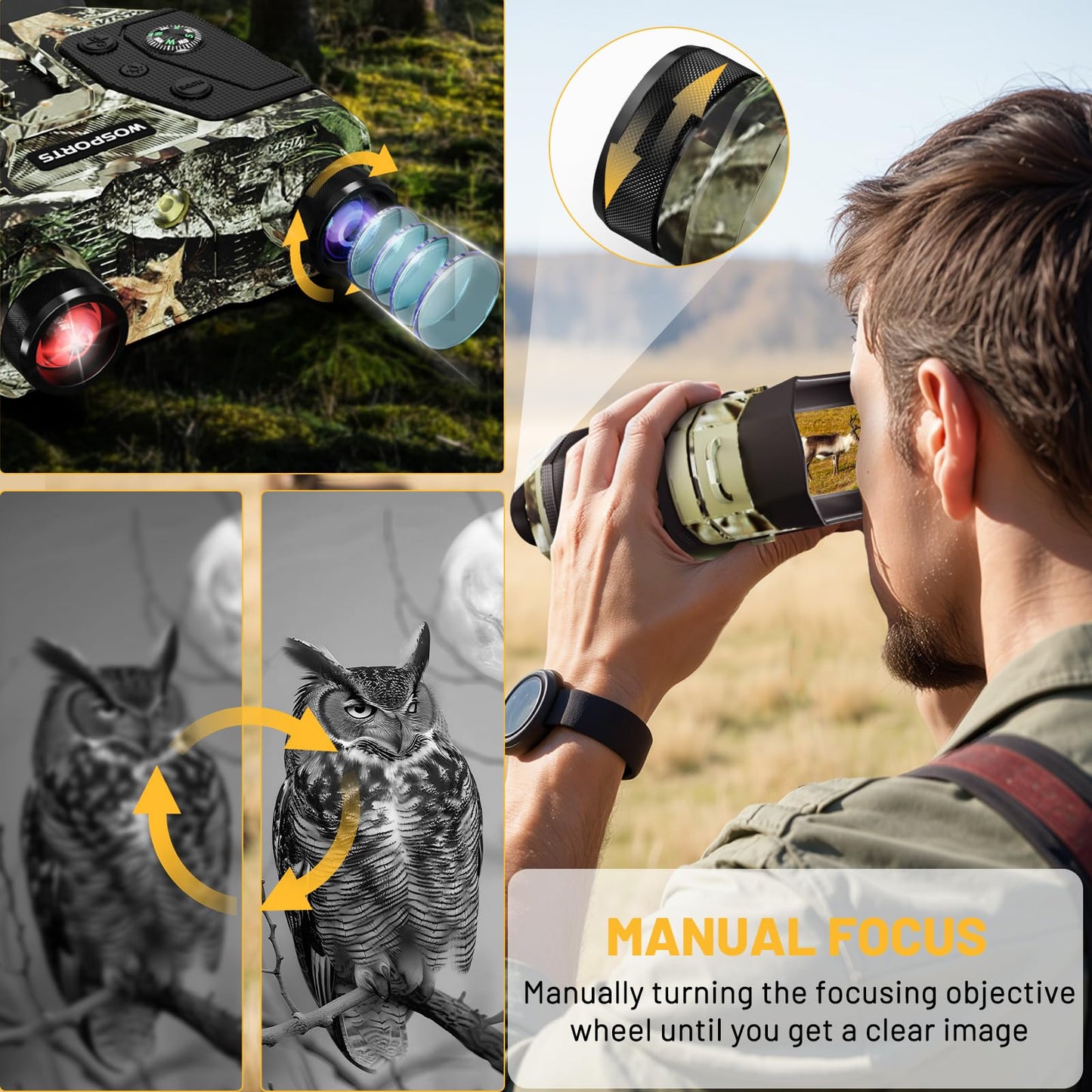 WOSPORTS 4K Night Vision Goggles with 1300FT Range, 8X Digital Zoom, 32GB Card, 15H Rechargeable Battery – Camo Design for Camping, Ideal Gift for Men