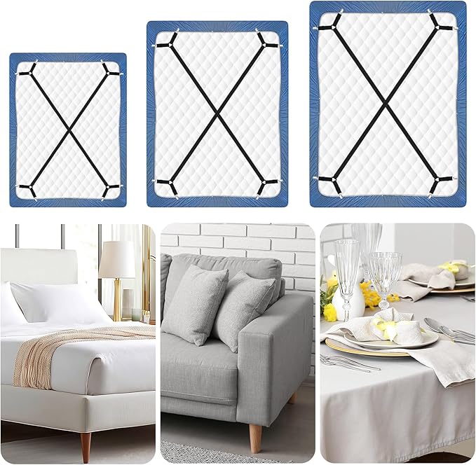 CHRORINE Bed Sheet Holder Straps Adjustable Sheet Fasteners Clips Keep Bedding Stays in Place, 4 Pcs/Set, Black