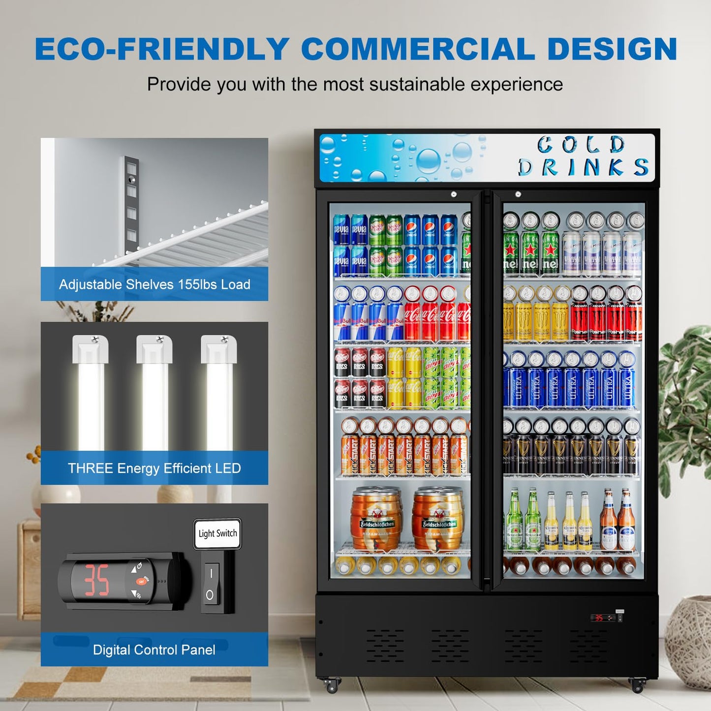 FreezLabs Commercial Glass Door Display Refrigerator 40 Cu.ft Cooler Commercial Display Beverage Refrigerators with LED Light and 10 Shelves for Cafe Restaurant Store Bar