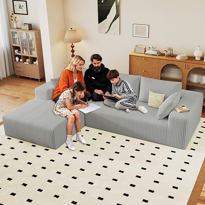 96" Cloud Sectional Couch with L-Shape Chaise, Modern Corduroy Boneless Couch for Living Room,Memory Foam Sofa with Deep Seat,No Assembly Required (Grey,Left-Facing Chaise)