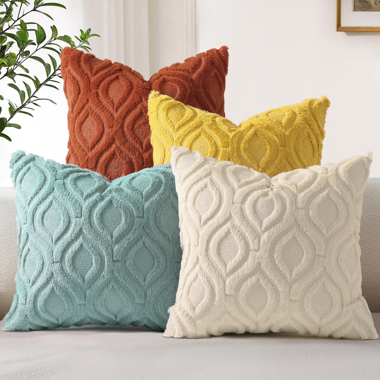 decorUhome Set of 4 Fall Throw Pillow Covers 18x18 Inch, Neutral Decorative Soft Plush Faux Wool Couch Pillow Covers, Farmhouse Pillow Cases for Sofa Bed Living Room Home Decor (Beige/Rust)