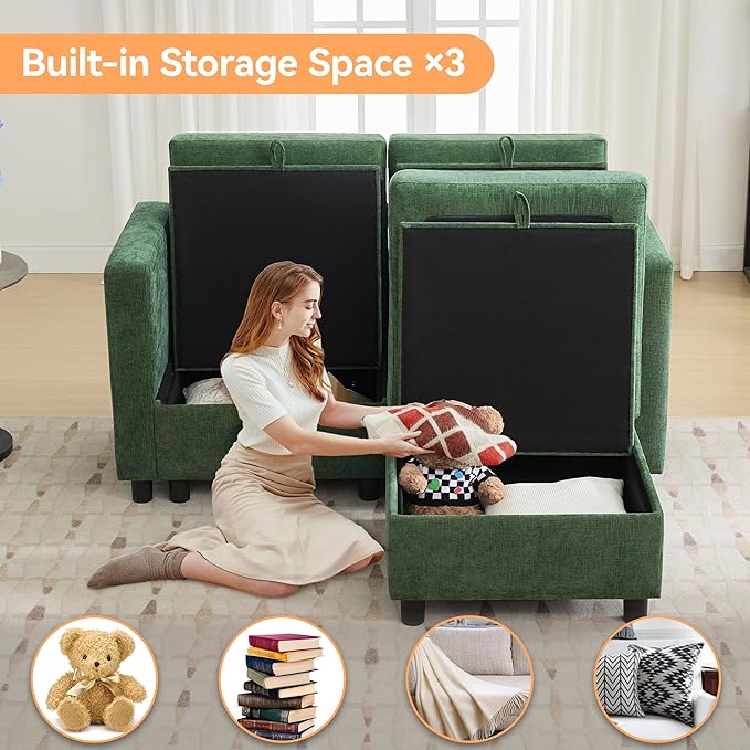 WUTUTUEE 58”Modular Sectional Loveseat Sofa with Storage, Comfy Office L Shaped Sofa Couch, Chenille Love Seat Modular Sectional Couch with Movable Ottoman for Living Room, Bedroom, Dark Green