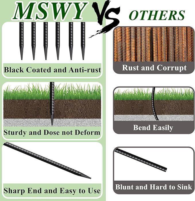 MSWY 16 Inch Rebar Stakes 10 Pack Heavy Duty Ground Anchors 1/2 Inch Diameter Galvanized Steel Asphalt Anchoring Metal Spikes for Speed Bump, Parking Curb and Camping Tent