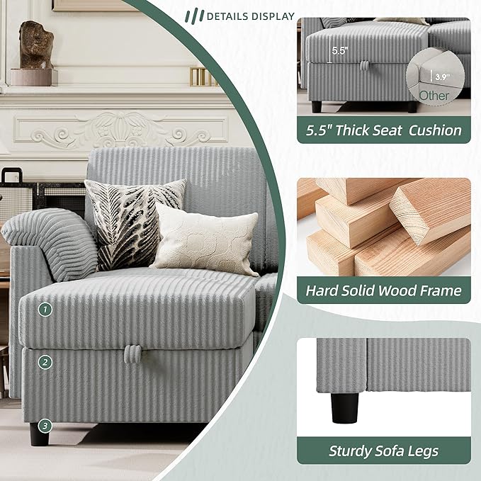 Vongrasig 79" Convertible Sectional Couch Sofa with Storage Ottoman, 3 Seat L Shaped Couch with Side Storage Pockage, Small Couches for Living Room, Apartment and Small Space (Light Grey)