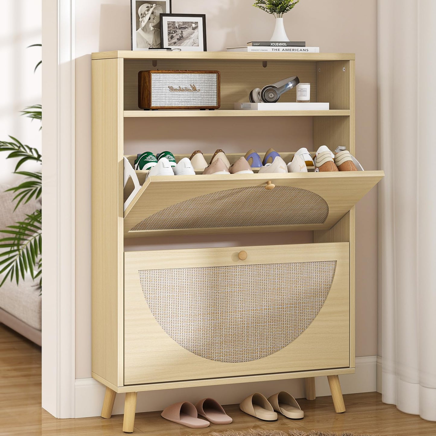 Curlaky Rattan Shoe Cabinet Storage with 2 Flip Drawers, Narrow Freestanding Shoe Storage Cabinet for Entryway, Wood Hidden Shoes Organizer Rack with Adjustable Shelves for Entry Way, Natural