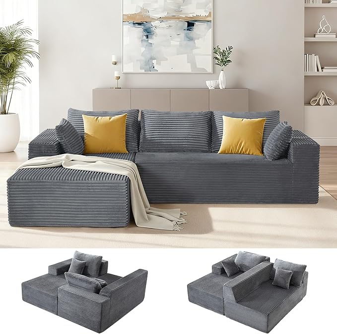 UMBFUN 110" Cloud Sectional Couch for Living Room, Boneless Couch with L-Shape Chaise, Modular Sectional Sofa with Deep Seat, Oversized Modular Sofa for Bedroom, No Assembly Required, Corduroy