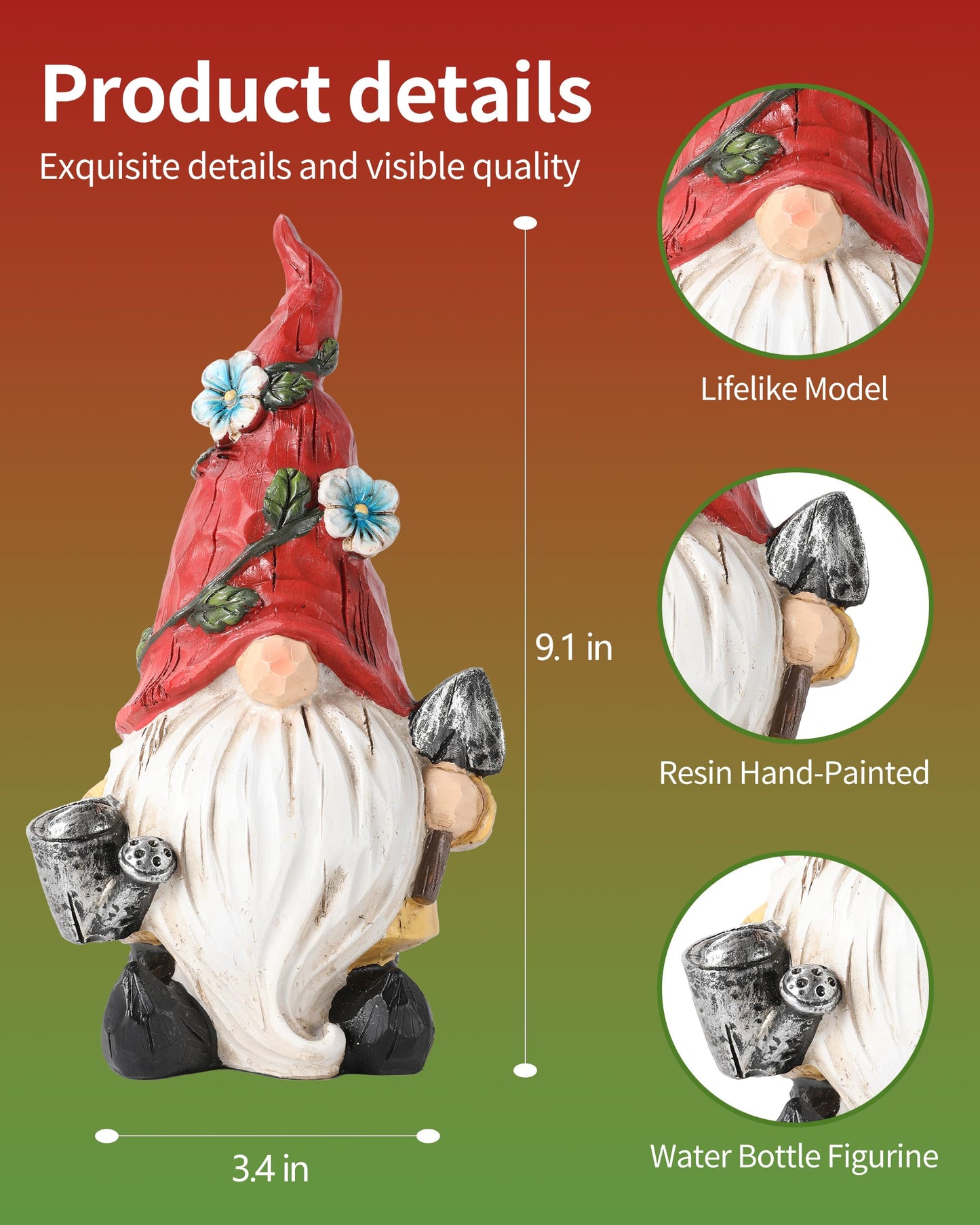 GoGnome Hand-Painted Resin Garden Gnome with Watering can and Shovel Figurine - 9.1" Summer and Spring Decorations for Home and Yard - Ideal Gnome Gifts for Women (Red)