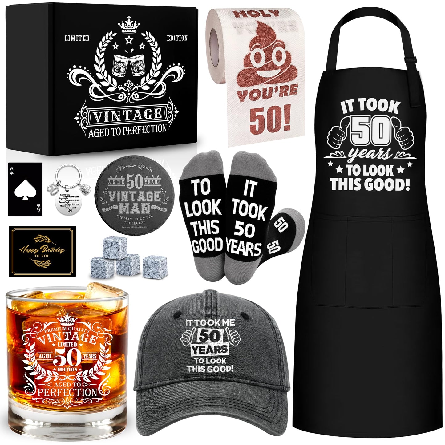 50th Birthday Gifts for Men Whiskey Glass Set, 50th Birthday Party Supplies with 11 Oz Whiskey Glass Coaster Stone Baseball Cap Apron Sock Funny Toliet Paper Keychain for Him, Dad, Husband, Friends