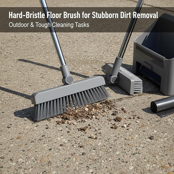 Broom with Dustpan, Broom Dustpan 3-in-1 90° Stand up Heavy Duty Dust Pan and Set with Long Handle 180° Rotation for Indoor & Outdoor Sweeping, Set