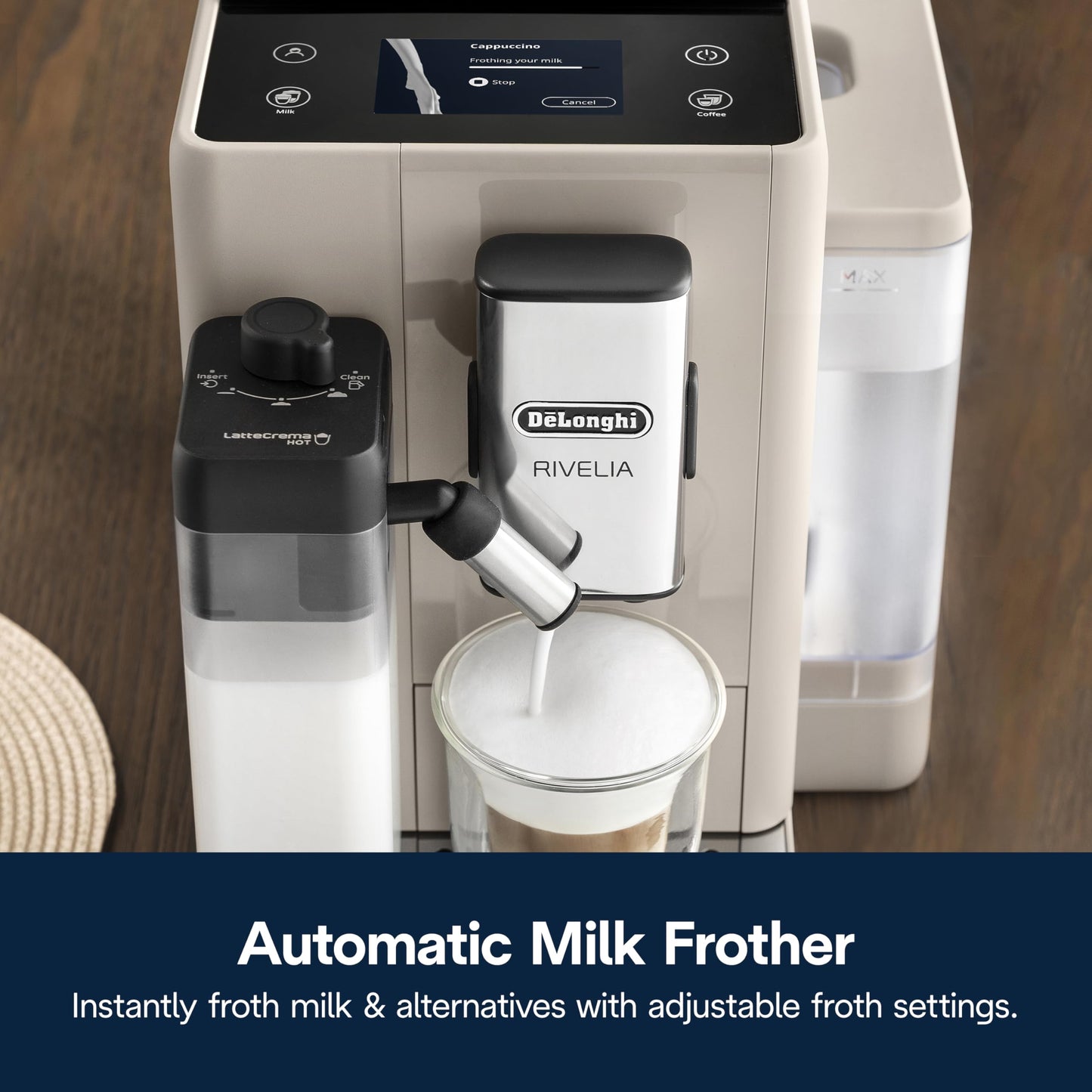 De'Longhi Rivelia Automatic Espresso Machine, Grinder & Frother, Easy Bean Switching, Beige