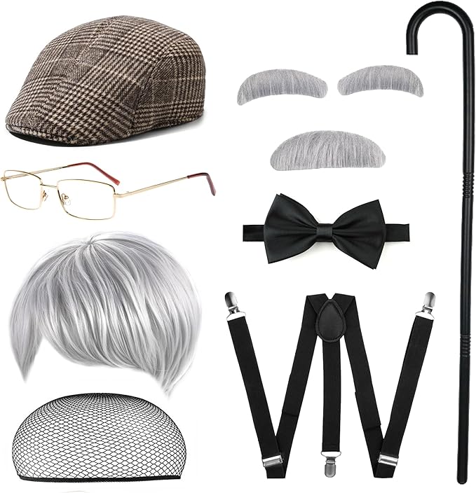 FEYIR Old Man Costume Accessories Set Old Man Wig Hat Cane Faux Eyebrows Mustache Suspenders Bow Tie for Grandpa Halloween...