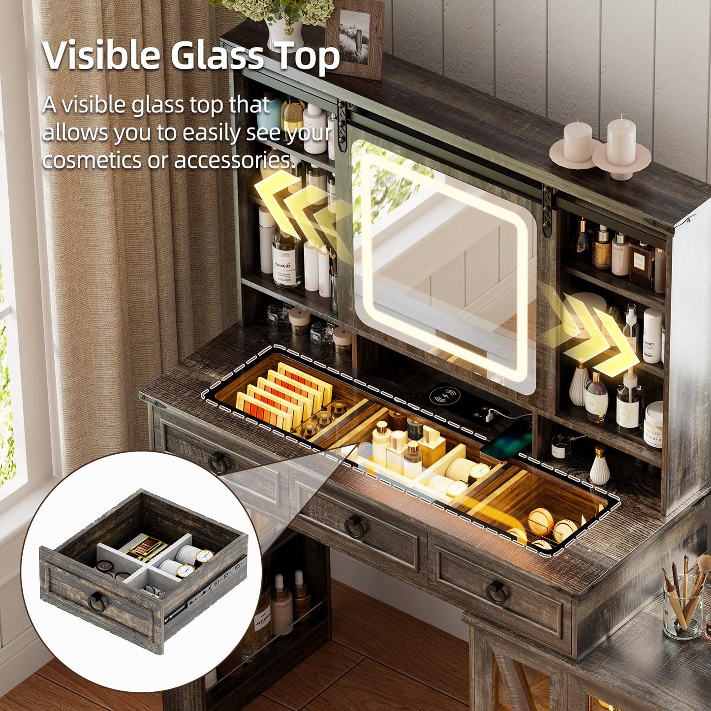 MDGC 60"W Farmhouse Makeup Vanity Desk with Sliding Mirror and Lights, Charging Glass Top Large Vanity Table with Jewelry Storage,Vanity Set with 6 Drawers,10 Shelves,Side Storage Cabinet,Rustic Brown