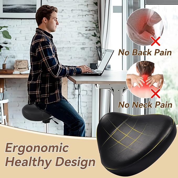 Saddle Stool with Wheels Ergonomic - Thick Wide Saddle Cushion, Healthy Posture No Pain, Easy to Adjust, Smooth Rolling No Creaky Noises, Rolling Swivel Saddle Stool Chair for Salon Massage (Black)