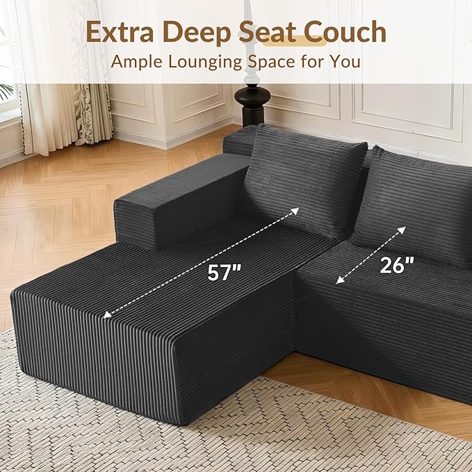 ANONER 103" Modular Sectional Sofa, L-Shaped Cloud Couch with Chaise, Corner Sofa with Deep Seat, Modern Minimalist Boneless Couch, Sectional Couches for Living Room, Apartment (Dark Grey)
