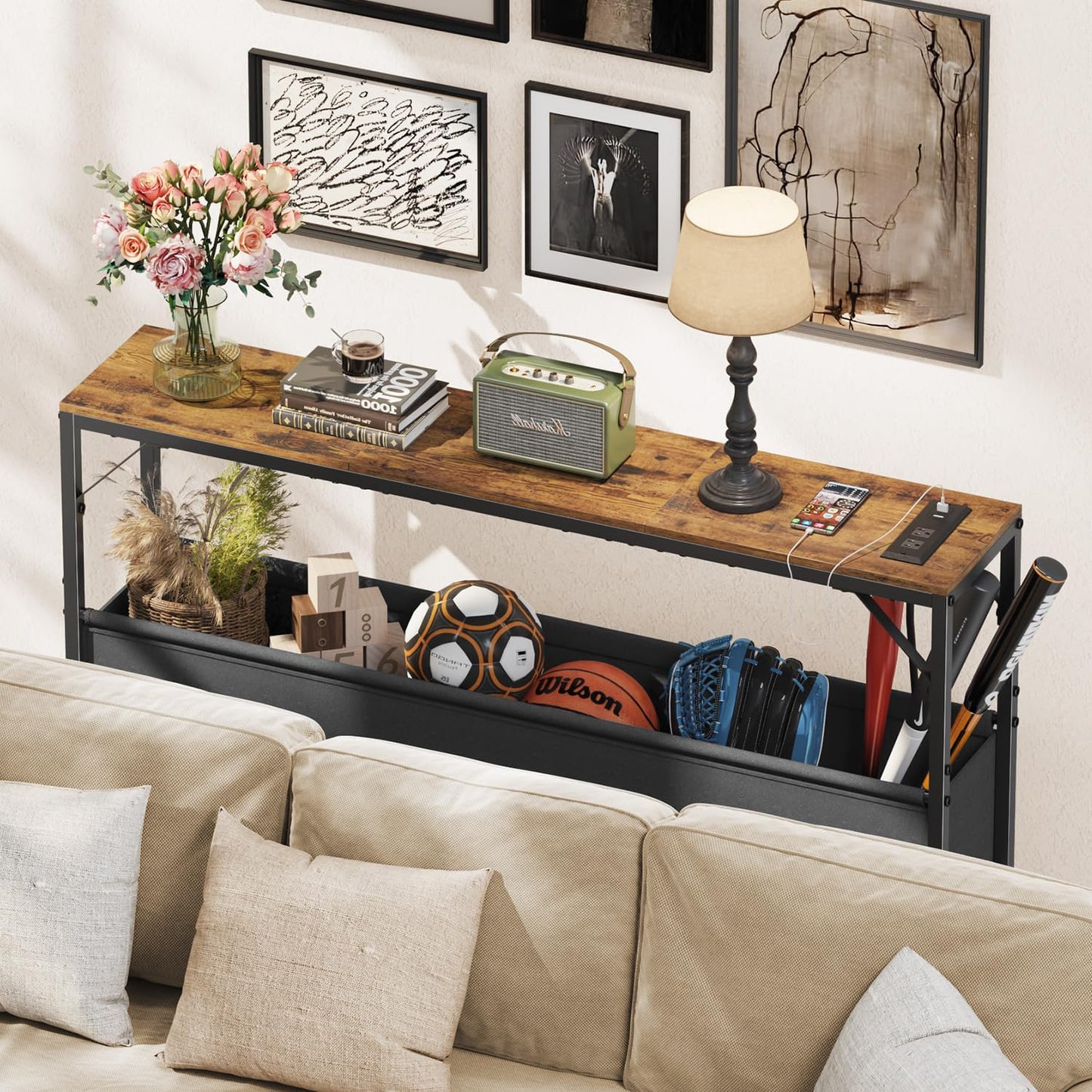Asgolion Console Table with Charging Station and Storage Basket, 47.2'' Behind Couch Table with Power Outlets USB Ports, Narrow Entryway Table for Hallway, Foyer, Living Room, Rustic Brown