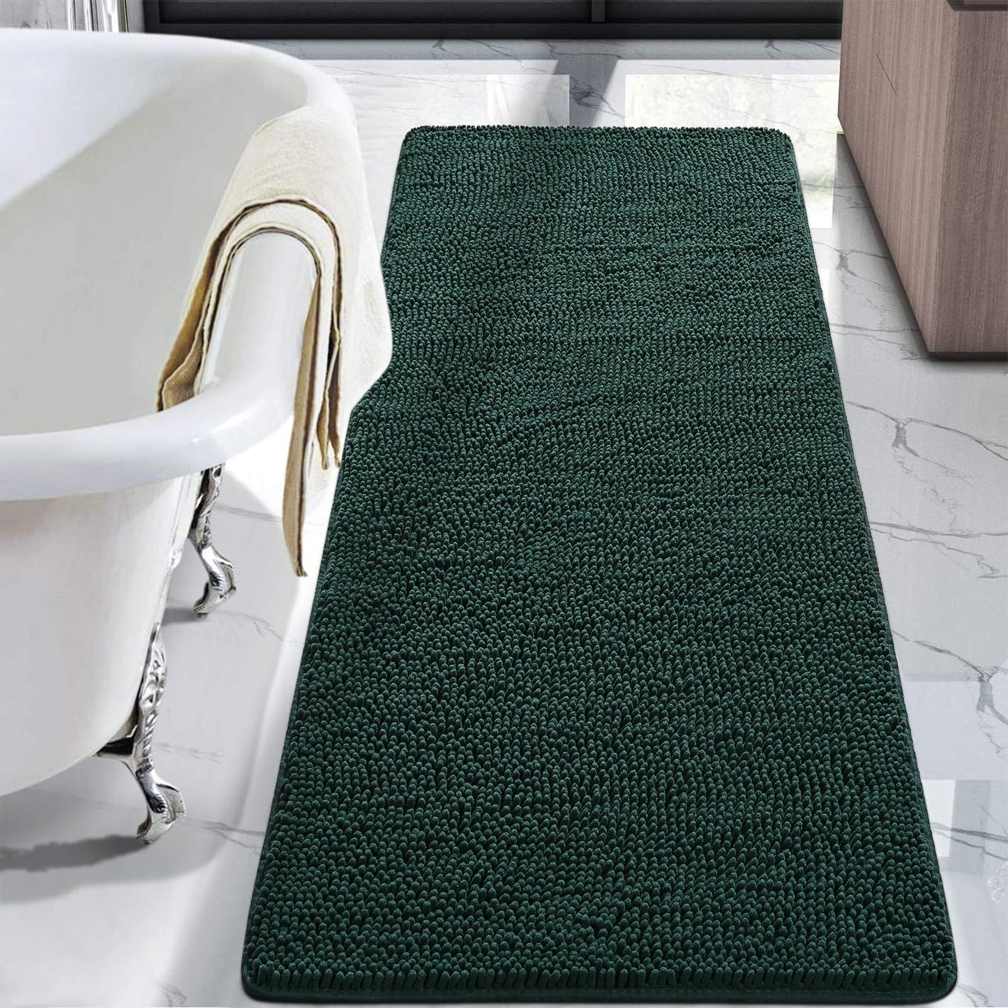 LOCHAS Luxury Bathroom Rug Shaggy Bath Mat 24 x 60 Inch, Washable Non Slip Bath Rugs for Bathroom Shower, Soft Plush Chenille Absorbent Carpets Mats, Hunter Green