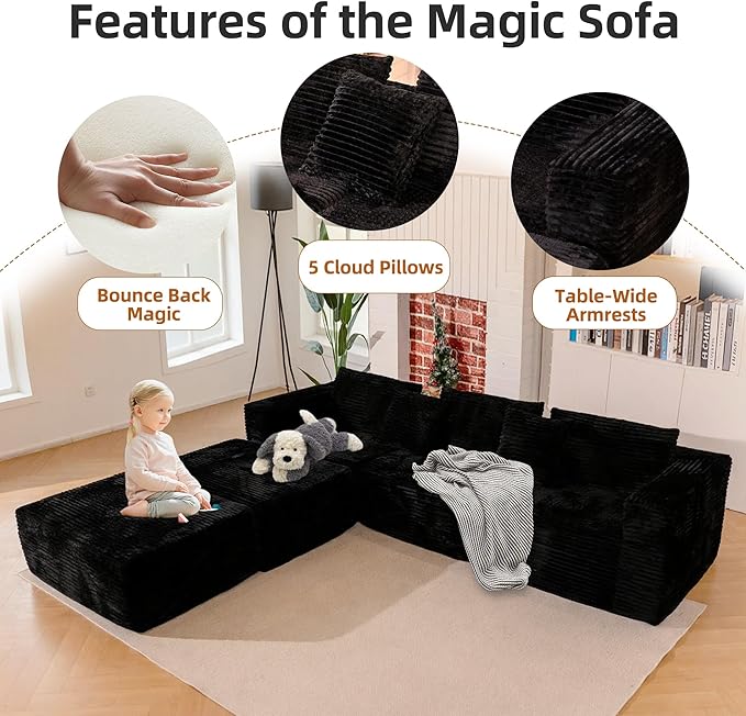 110 Modular Sectional Boneless Sofa with 2 Ottomans, Corduroy U-Shaped Modular Sectional Sofa, Convertible Cloud Couch with Deep Seats, No Assembly Required (Black, 110" 3Seat+2 0ttoman)