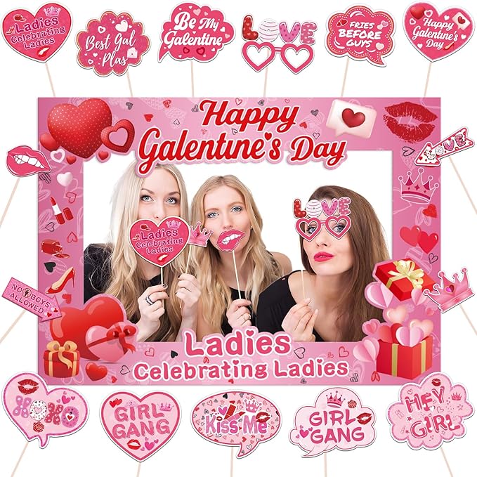 Galentines Day Decorations Photo Booth Props 16pcs Happy Galentines Day Decorations Photo Props for Party Pink Ladies Cele...