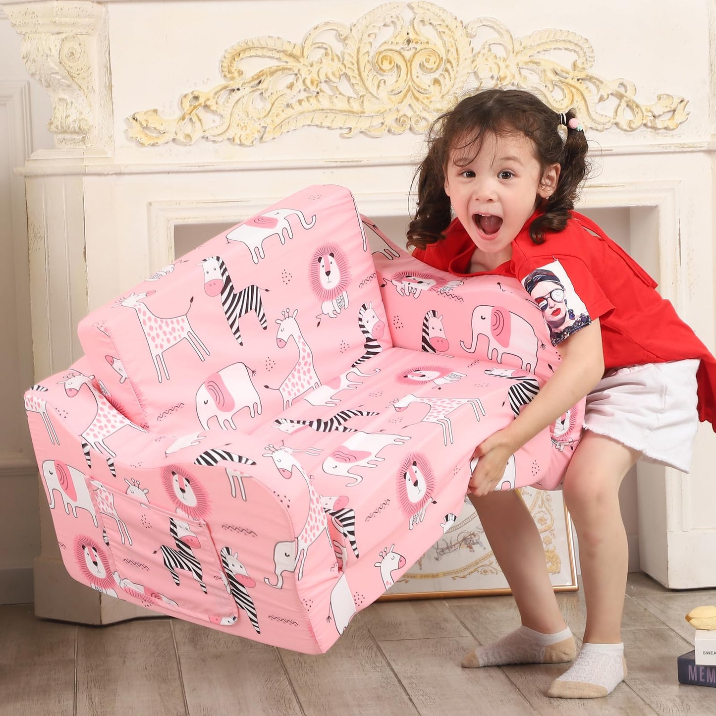 MOMCAYWEX Pink Kids Sofa, 2-in-1 Kids Couch Fold Out, Convertible Sofa to Bed for Girls and Boys
